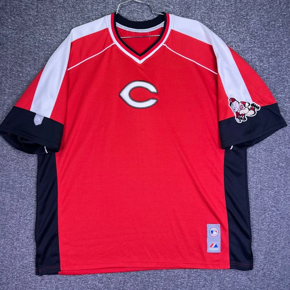 Majestic Cincinnati Reds Jersey Mens 2XL Red Colorblock Mr Redlegs MLB Pullover‎
